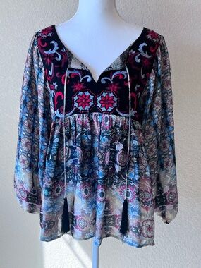 KAS New York Embroidered Boho Peasant Blouse Blue Floral Tassel Top Sz Small